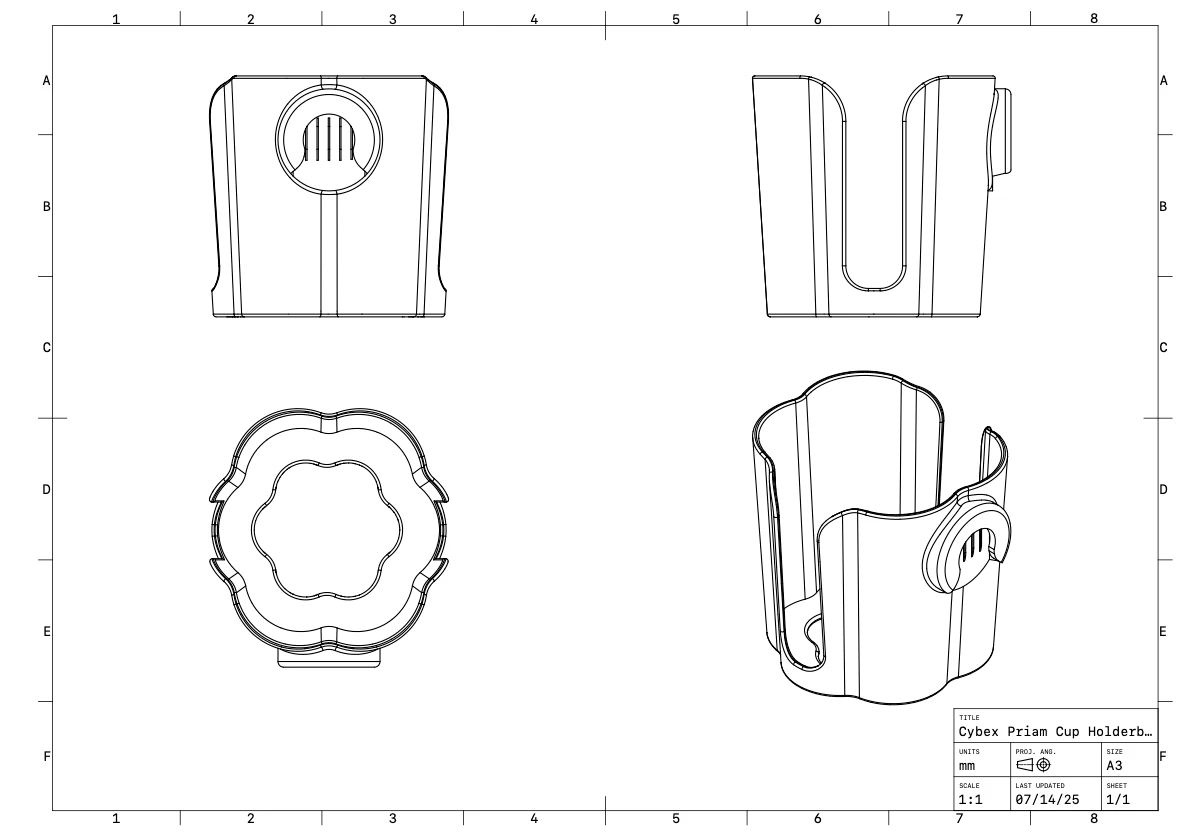 CAD drawing of the Atelier Reel Flower Cup Holder for Cybex Priam strollers